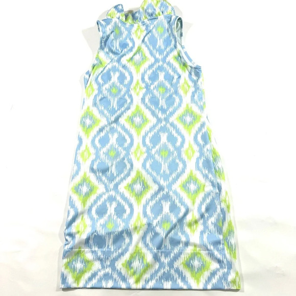 Gretchen Scott Ruffleneck Sleeveless Dress Lime Periwinkle Geo Print - Picture 2 of 5
